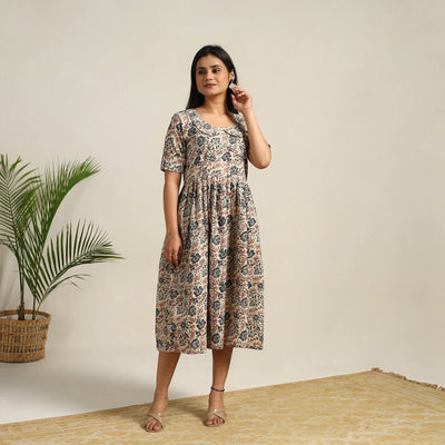 Beige - Pedana Block Print Cotton Flared Kalamkari Dress 10
