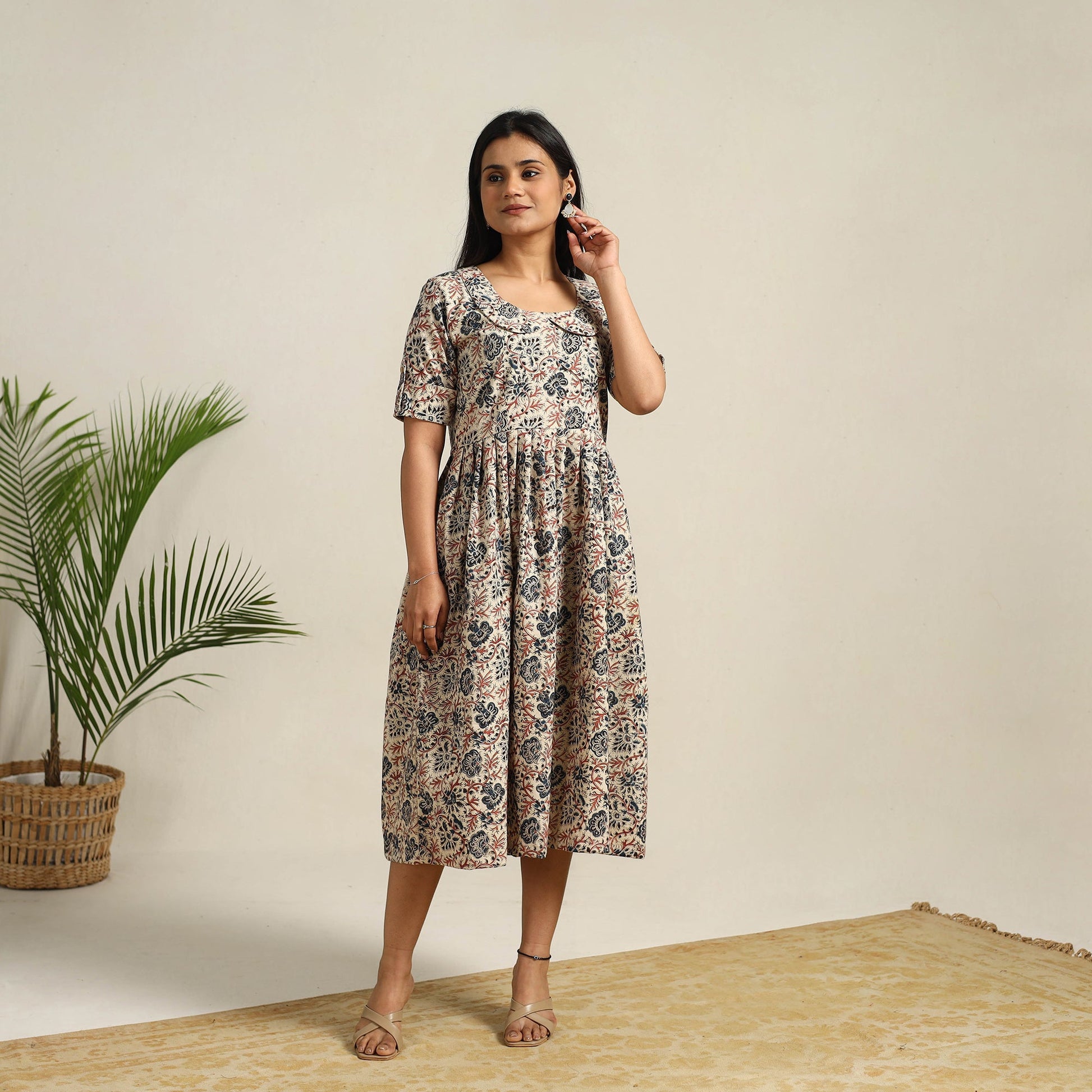 Beige - Pedana Block Print Cotton Flared Kalamkari Dress 10