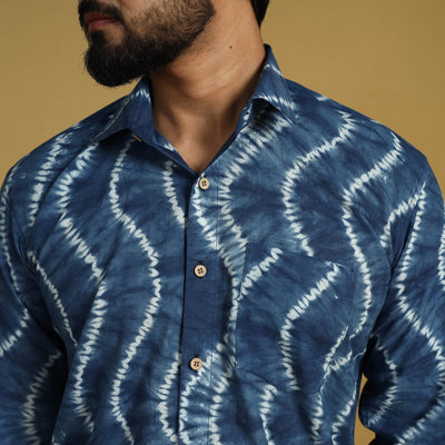 Blue - Full Sleeve Tie & Dye Cotton Men Shibori Shirt 05