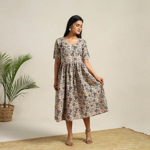 Beige - Pedana Block Print Cotton Flared Kalamkari Dress 10