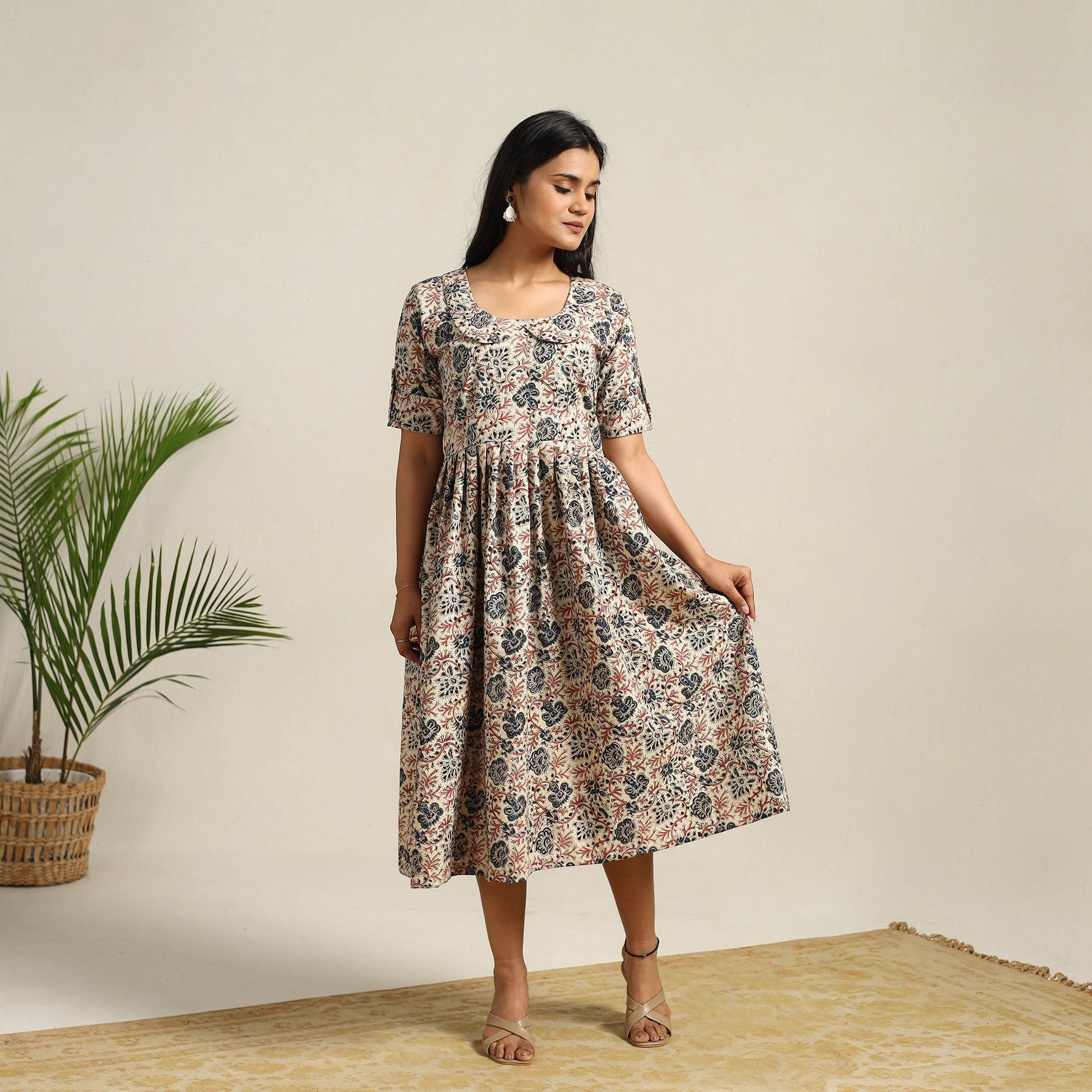 Beige - Pedana Block Print Cotton Flared Kalamkari Dress 10