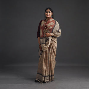 Beige - Pedana Block Print Merino Wool Kalamkari Saree 03