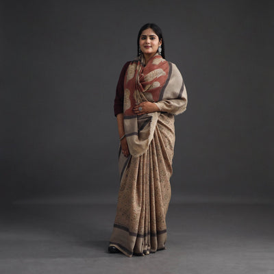 Beige - Pedana Block Print Merino Wool Kalamkari Saree 03