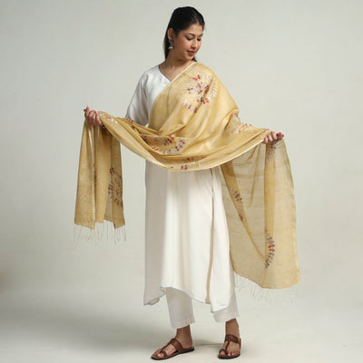 Beige - Bengal Kantha Hand Embroidery Tussar Silk Handloom Dupatta 01