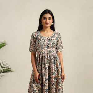 Beige - Pedana Block Print Cotton Flared Kalamkari Dress 10