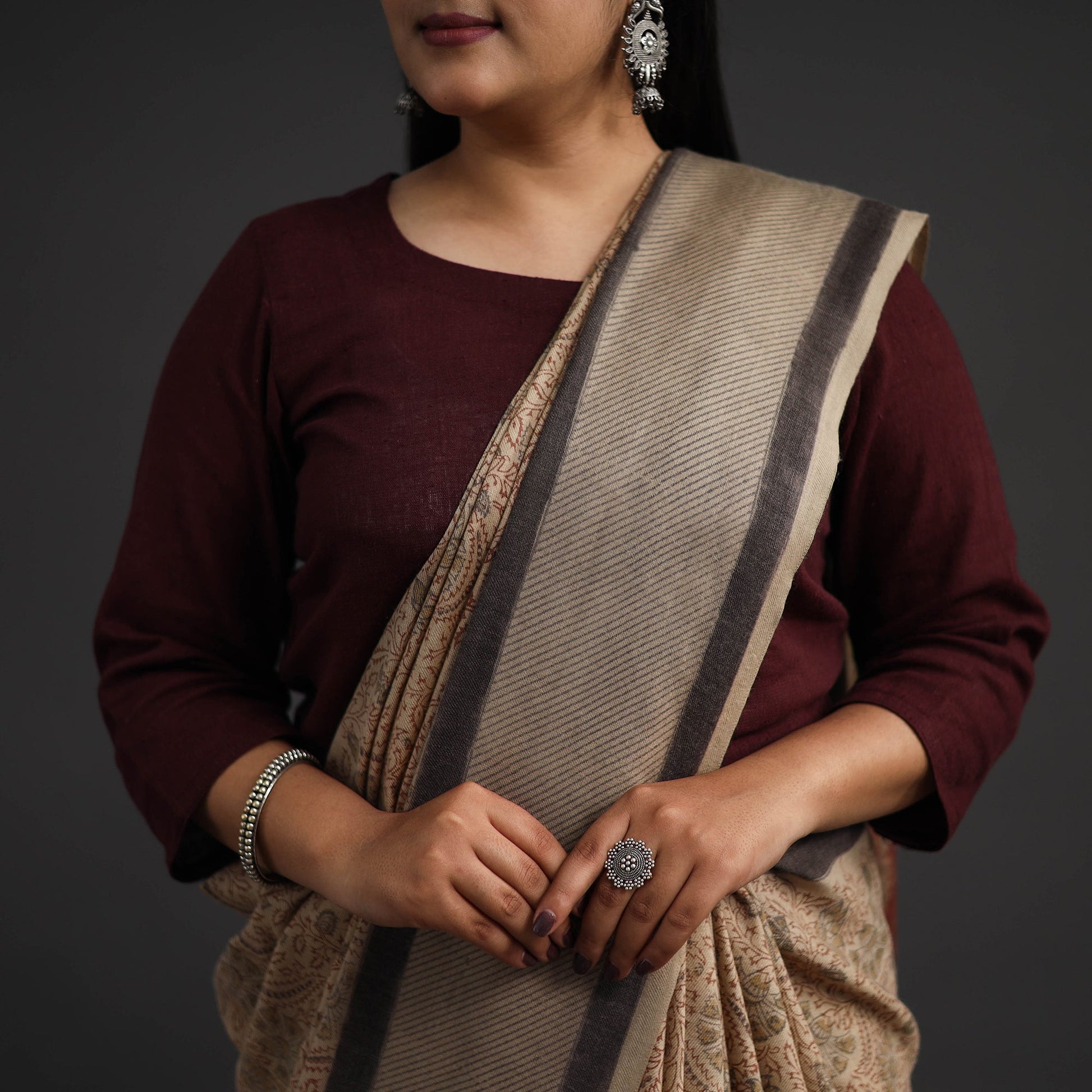 Beige - Pedana Block Print Merino Wool Kalamkari Saree 03