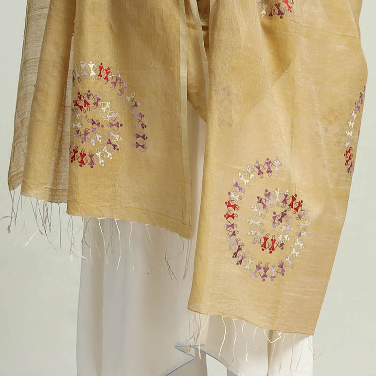 Beige - Bengal Kantha Hand Embroidery Tussar Silk Handloom Dupatta 01