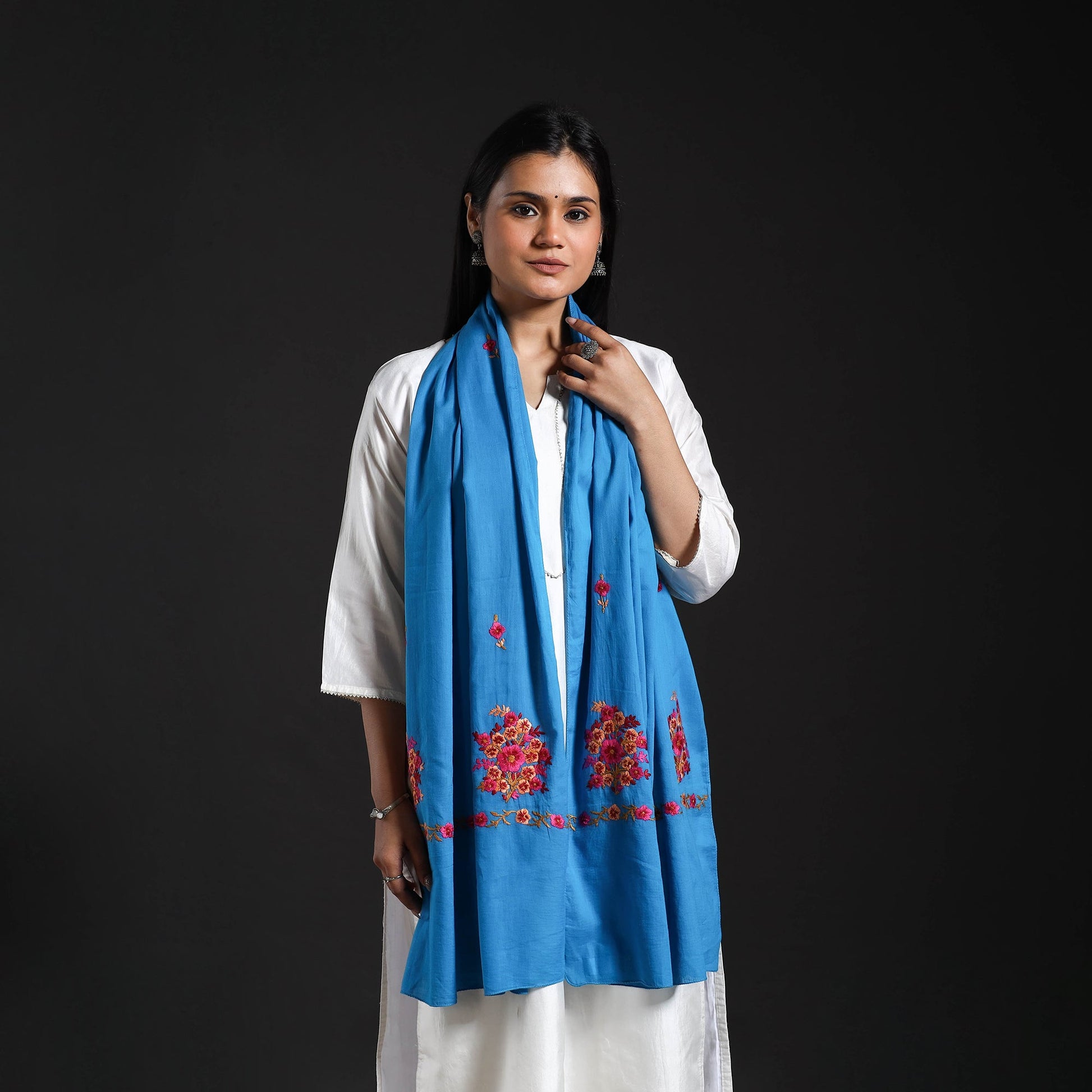 Blue - Cotton Kashida Embroidery Stole 21