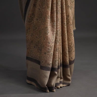 Beige - Pedana Block Print Merino Wool Kalamkari Saree 03