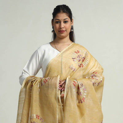 Beige - Bengal Kantha Hand Embroidery Tussar Silk Handloom Dupatta 01