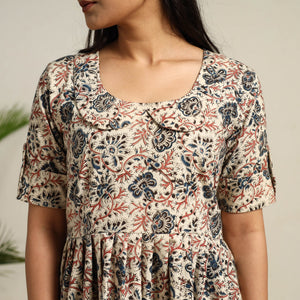 Beige - Pedana Block Print Cotton Flared Kalamkari Dress 10