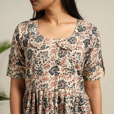 Beige - Pedana Block Print Cotton Flared Kalamkari Dress 10