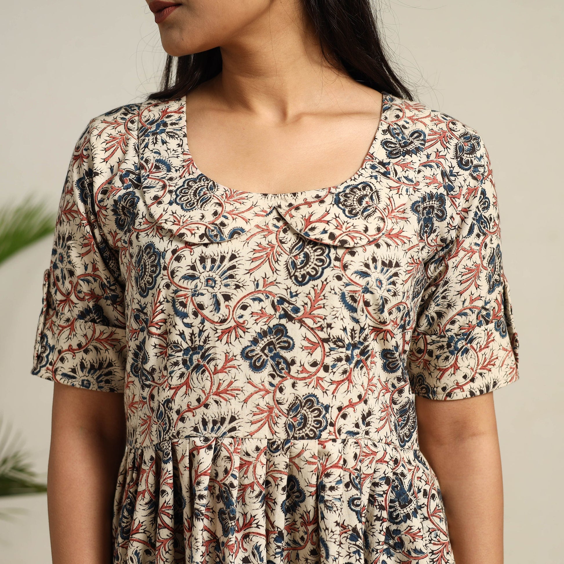 Beige - Pedana Block Print Cotton Flared Kalamkari Dress 10