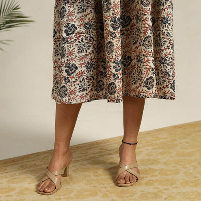 Beige - Pedana Block Print Cotton Flared Kalamkari Dress 10