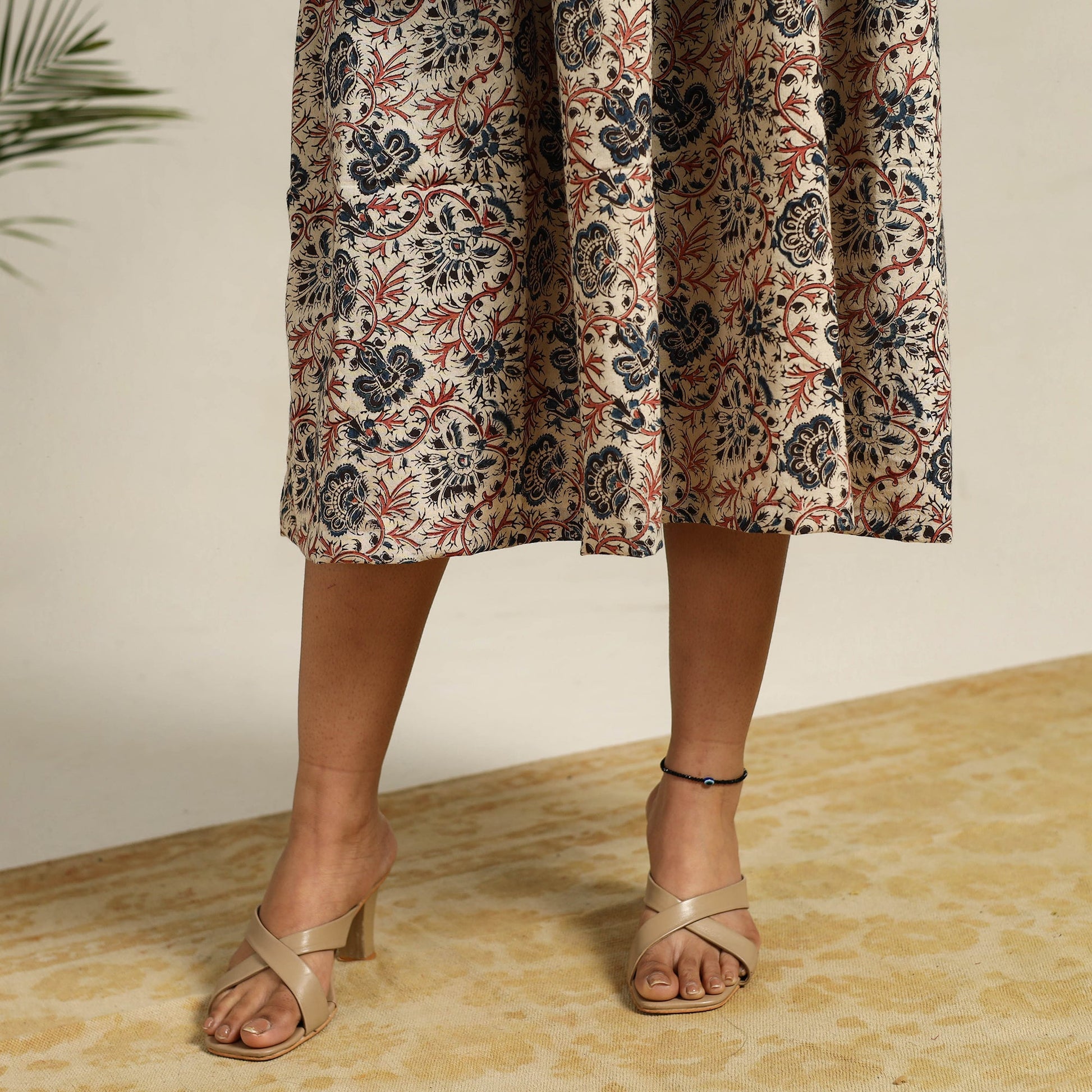 Beige - Pedana Block Print Cotton Flared Kalamkari Dress 10