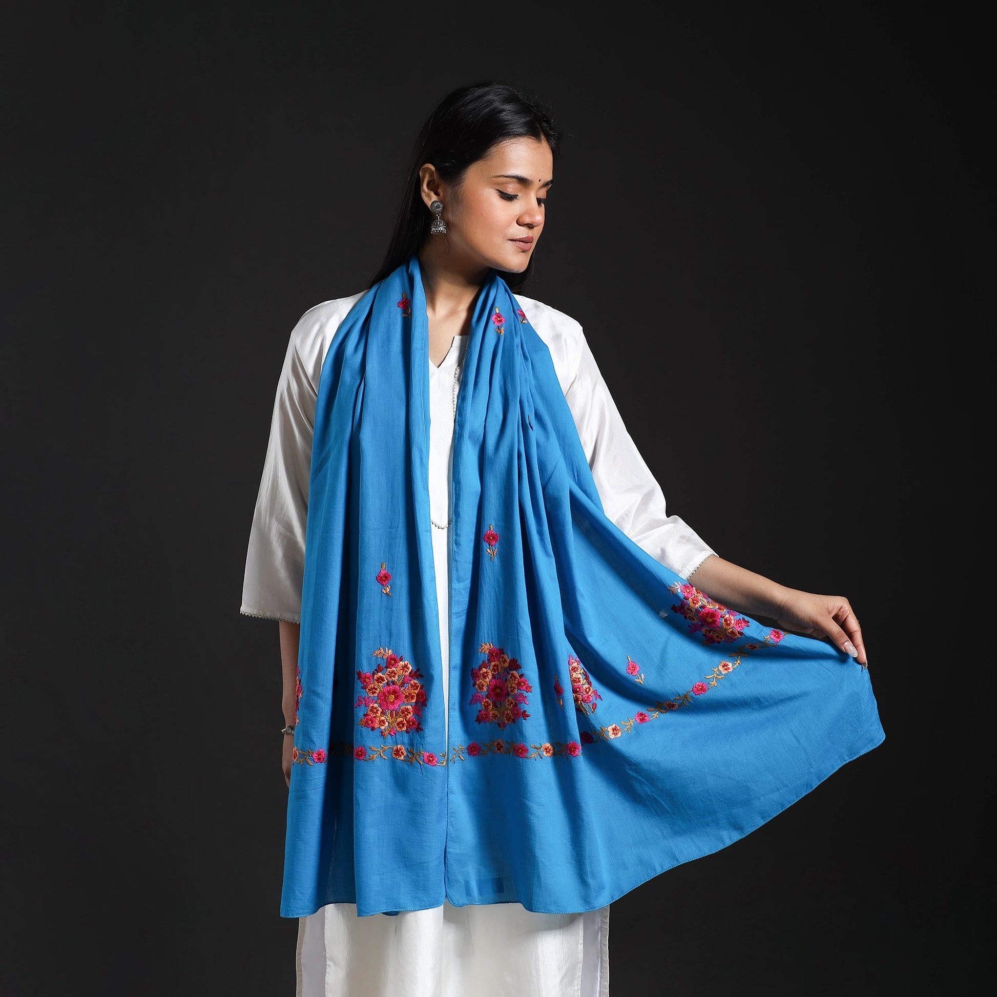 Blue - Cotton Kashida Embroidery Stole 21