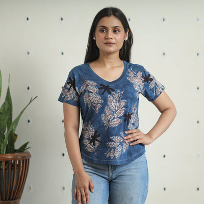 Blue - Bindaas Block Art Printed Cotton Women V Neck T-shirt 13