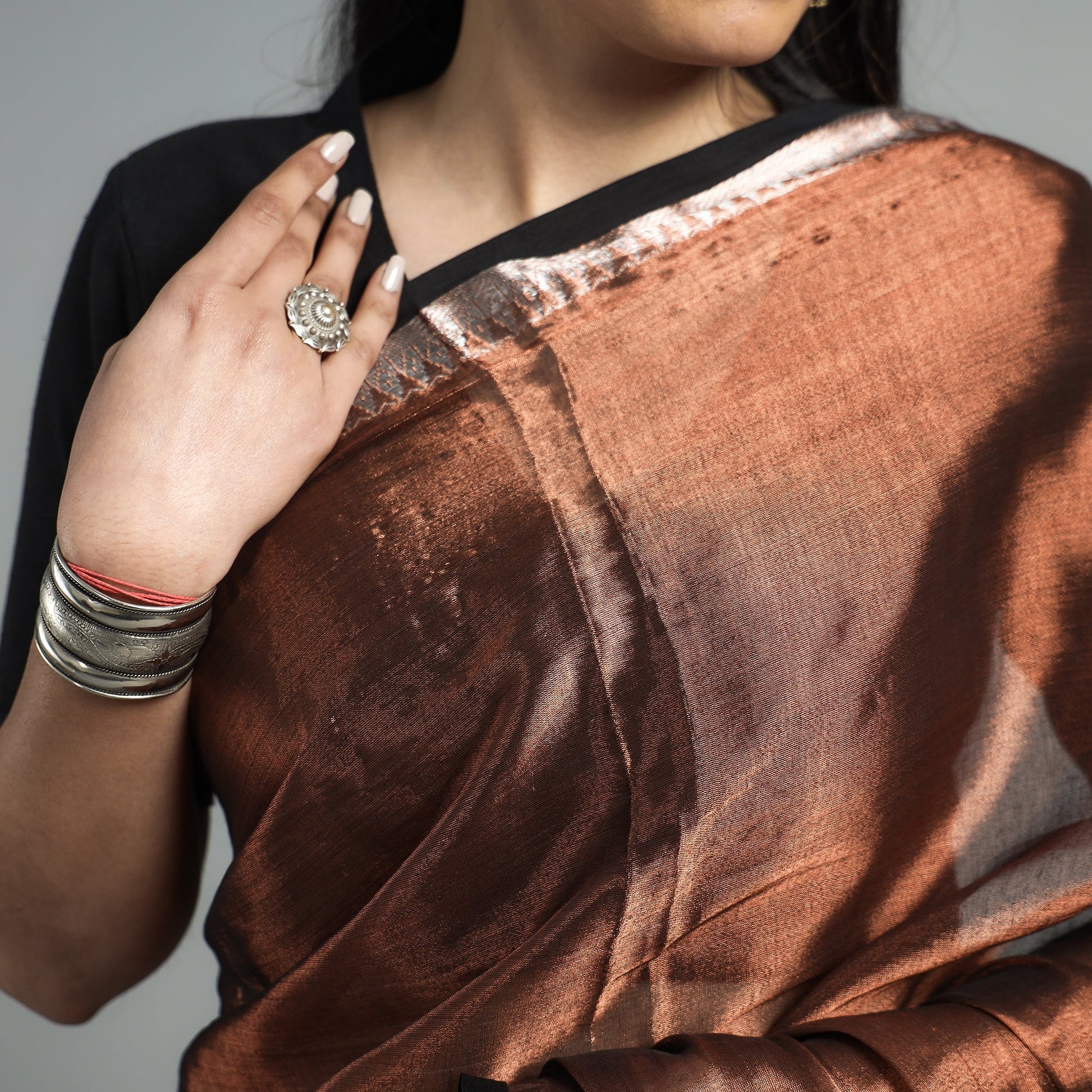 Brown - Burdwan Tissue Zari Work Handloom Saree
