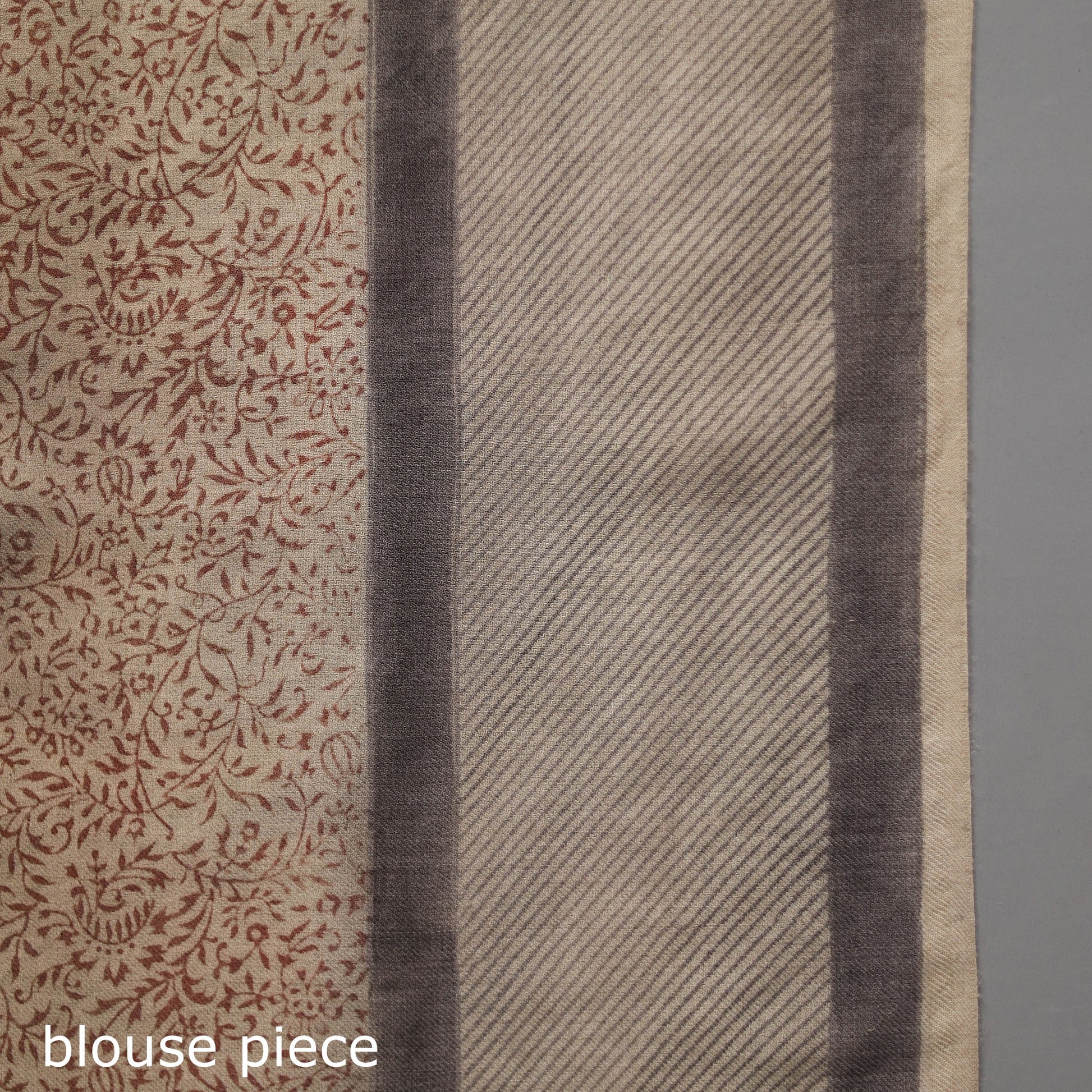 Beige - Pedana Block Print Merino Wool Kalamkari Saree 03