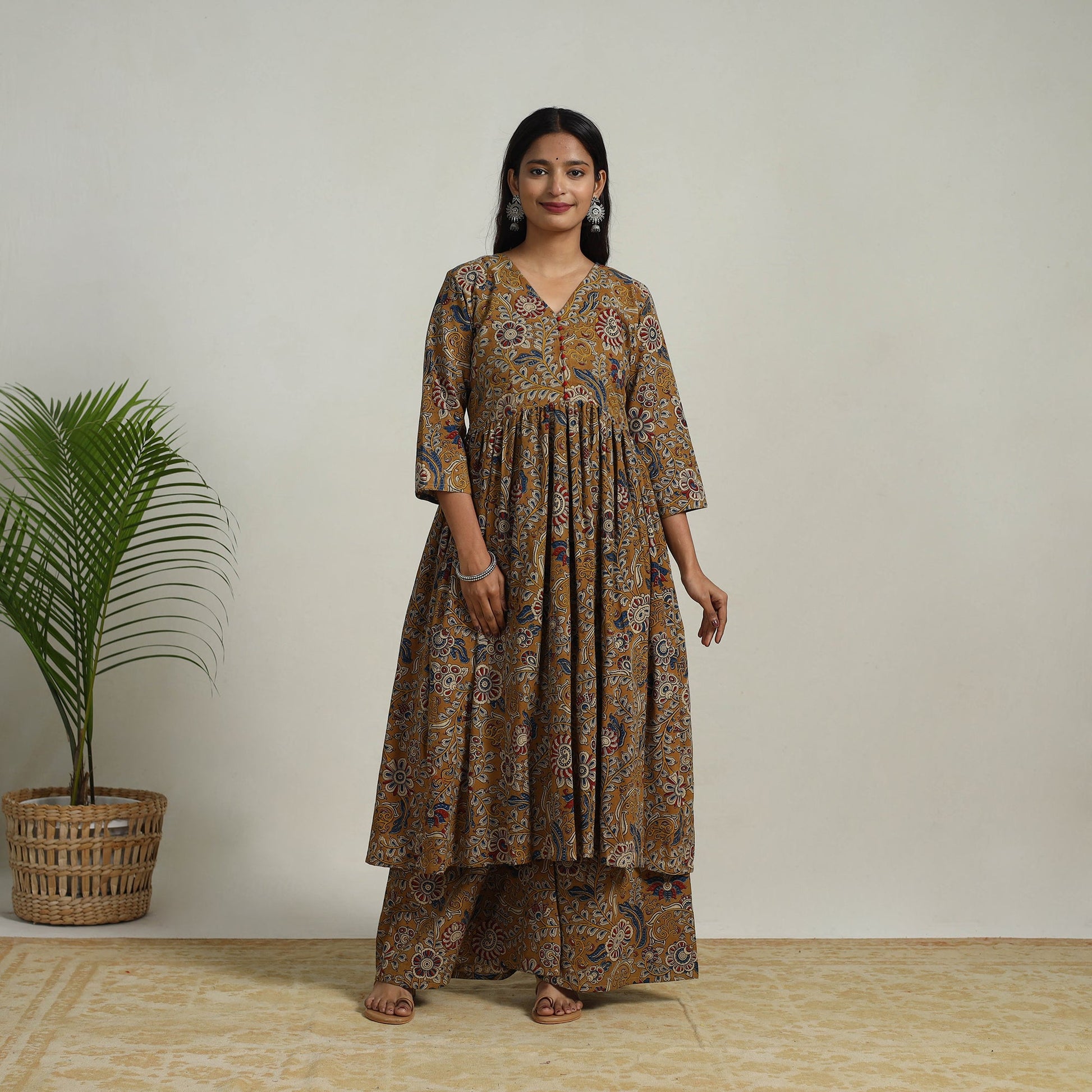 Brown - Flared Cotton Block Print Kalamkari Kurta Set 23