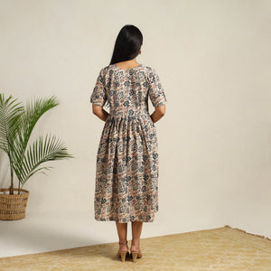Beige - Pedana Block Print Cotton Flared Kalamkari Dress 10