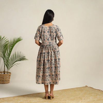 Beige - Pedana Block Print Cotton Flared Kalamkari Dress 10