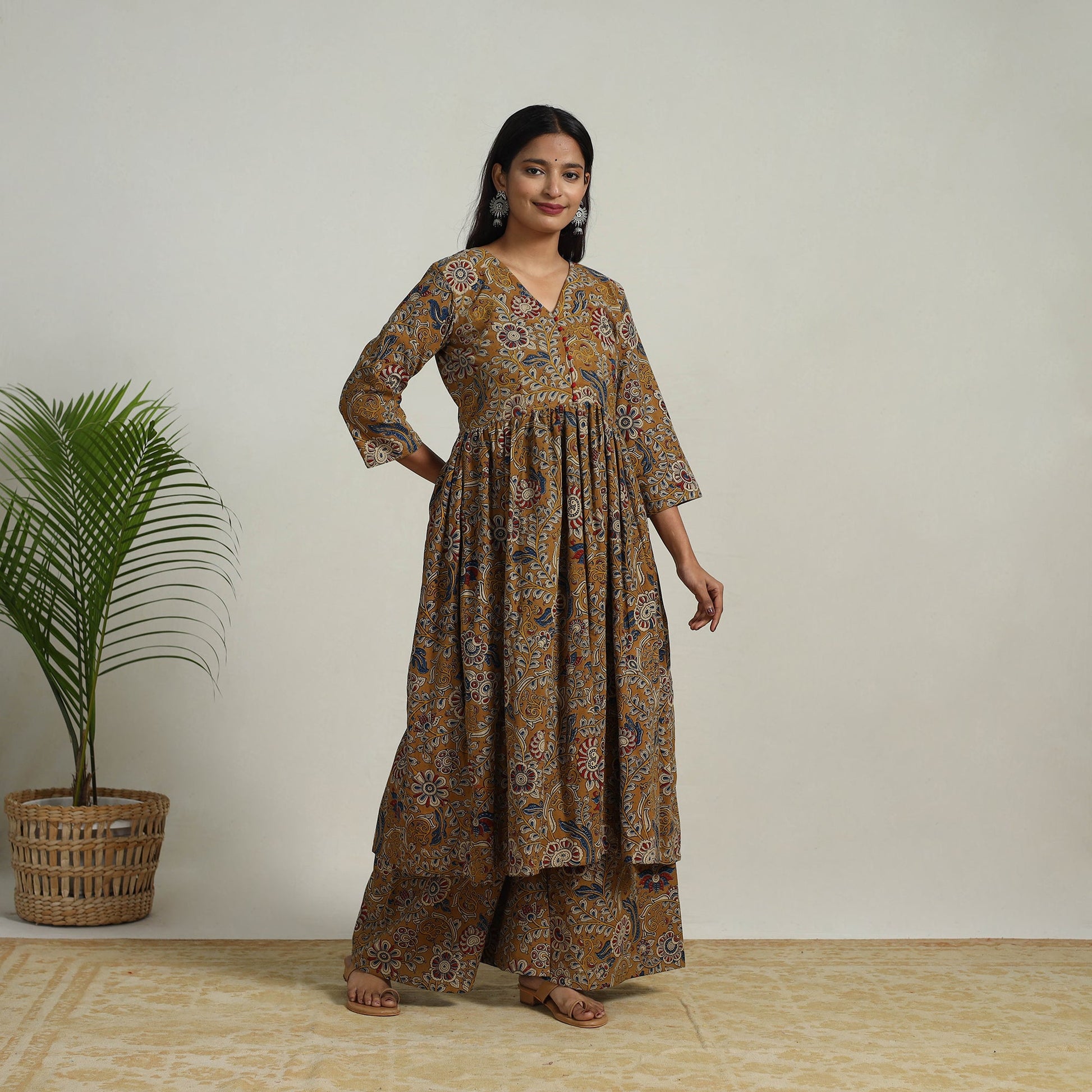 Brown - Flared Cotton Block Print Kalamkari Kurta Set 23