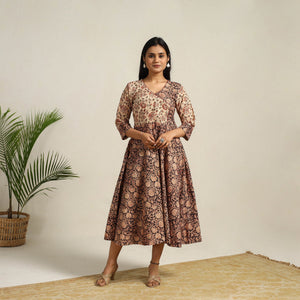 Black - Pedana Block Print Cotton Flared Kalamkari Dress 01