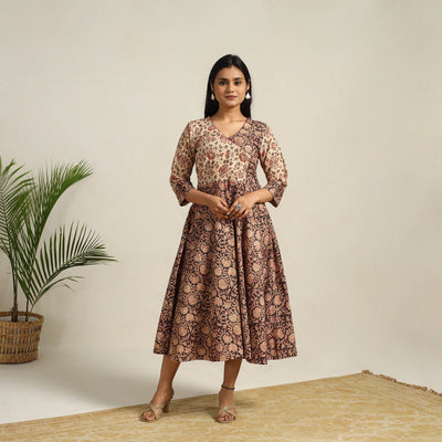 Black - Pedana Block Print Cotton Flared Kalamkari Dress 01