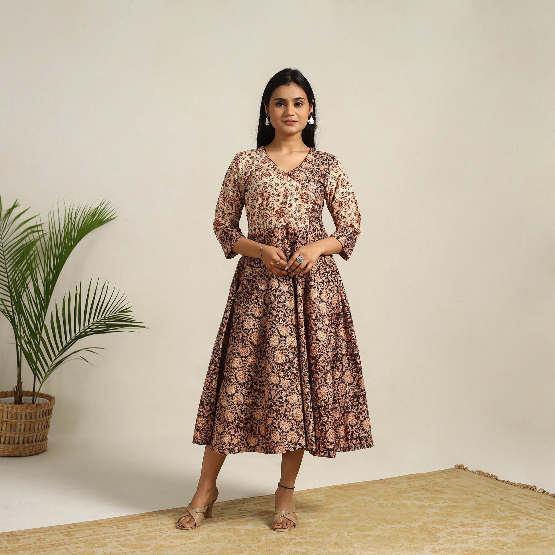 Black - Pedana Block Print Cotton Flared Kalamkari Dress 01