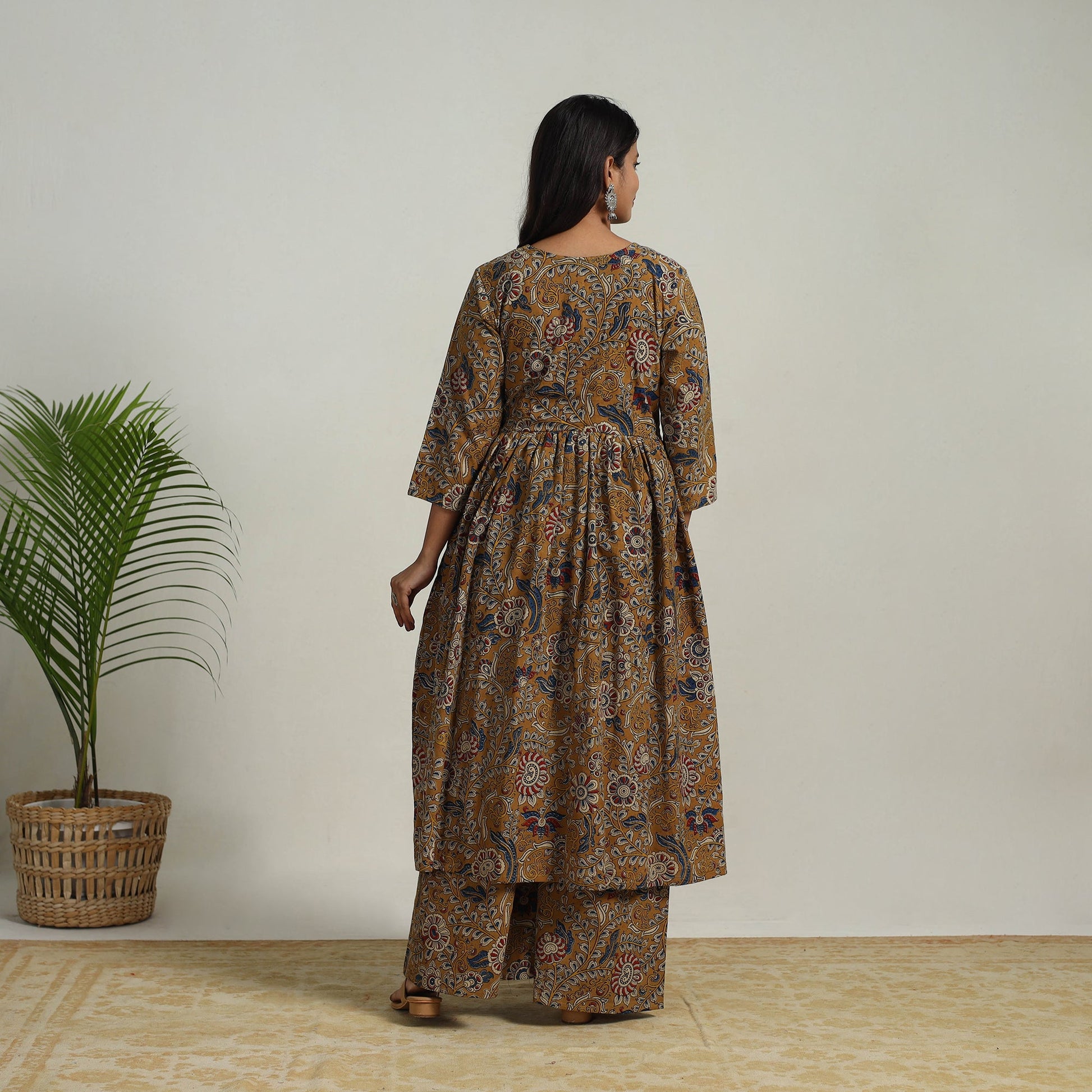 Brown - Flared Cotton Block Print Kalamkari Kurta Set 23