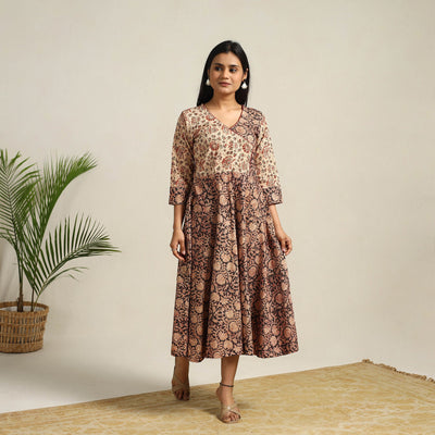 Black - Pedana Block Print Cotton Flared Kalamkari Dress 01