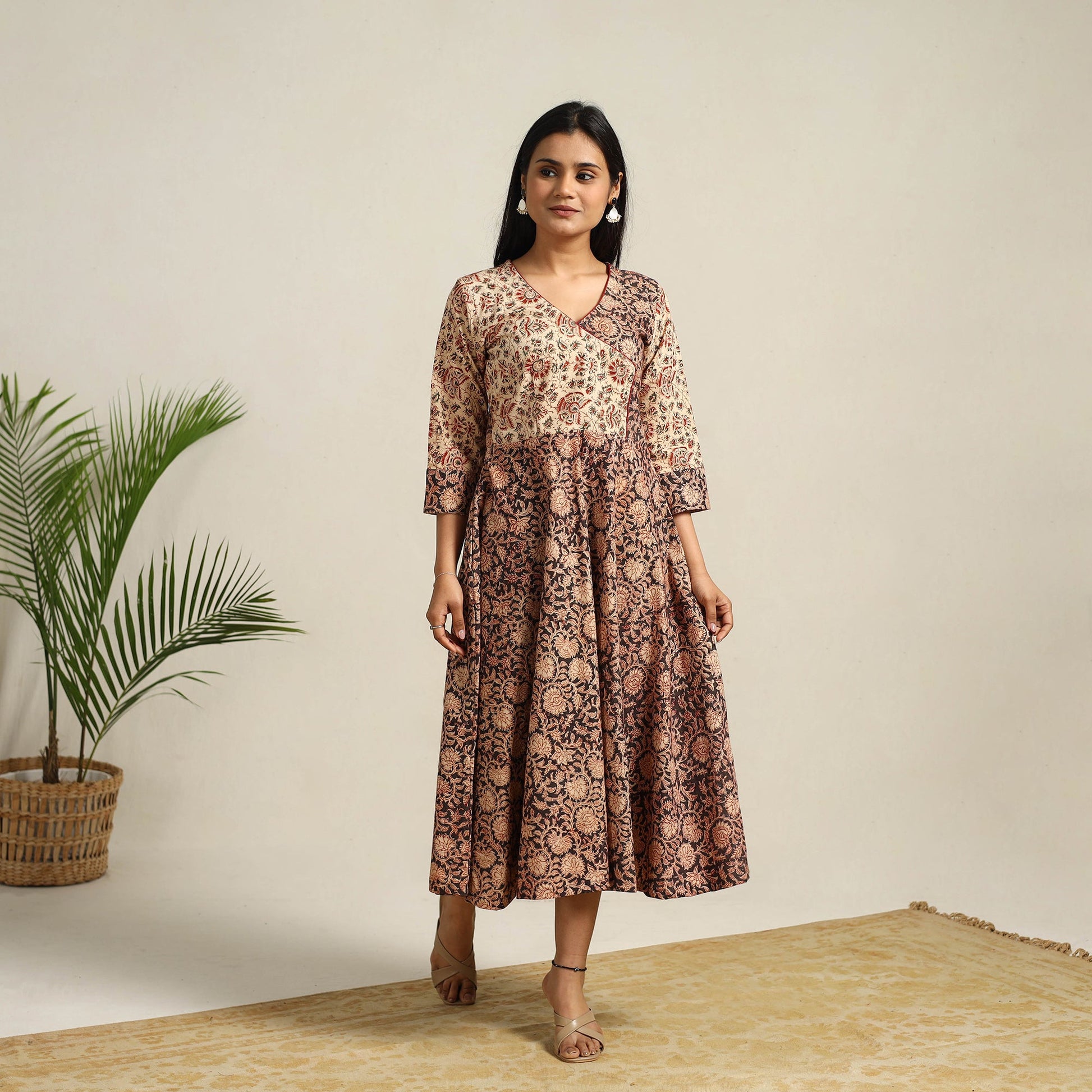 Black - Pedana Block Print Cotton Flared Kalamkari Dress 01