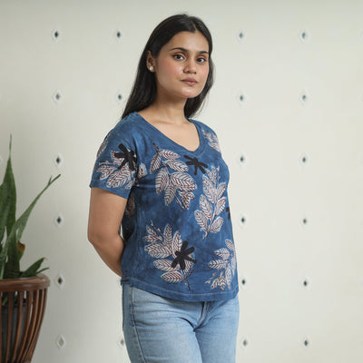 Blue - Bindaas Block Art Printed Cotton Women V Neck T-shirt 13