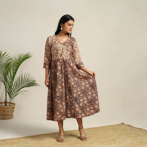 Black - Pedana Block Print Cotton Flared Kalamkari Dress 01
