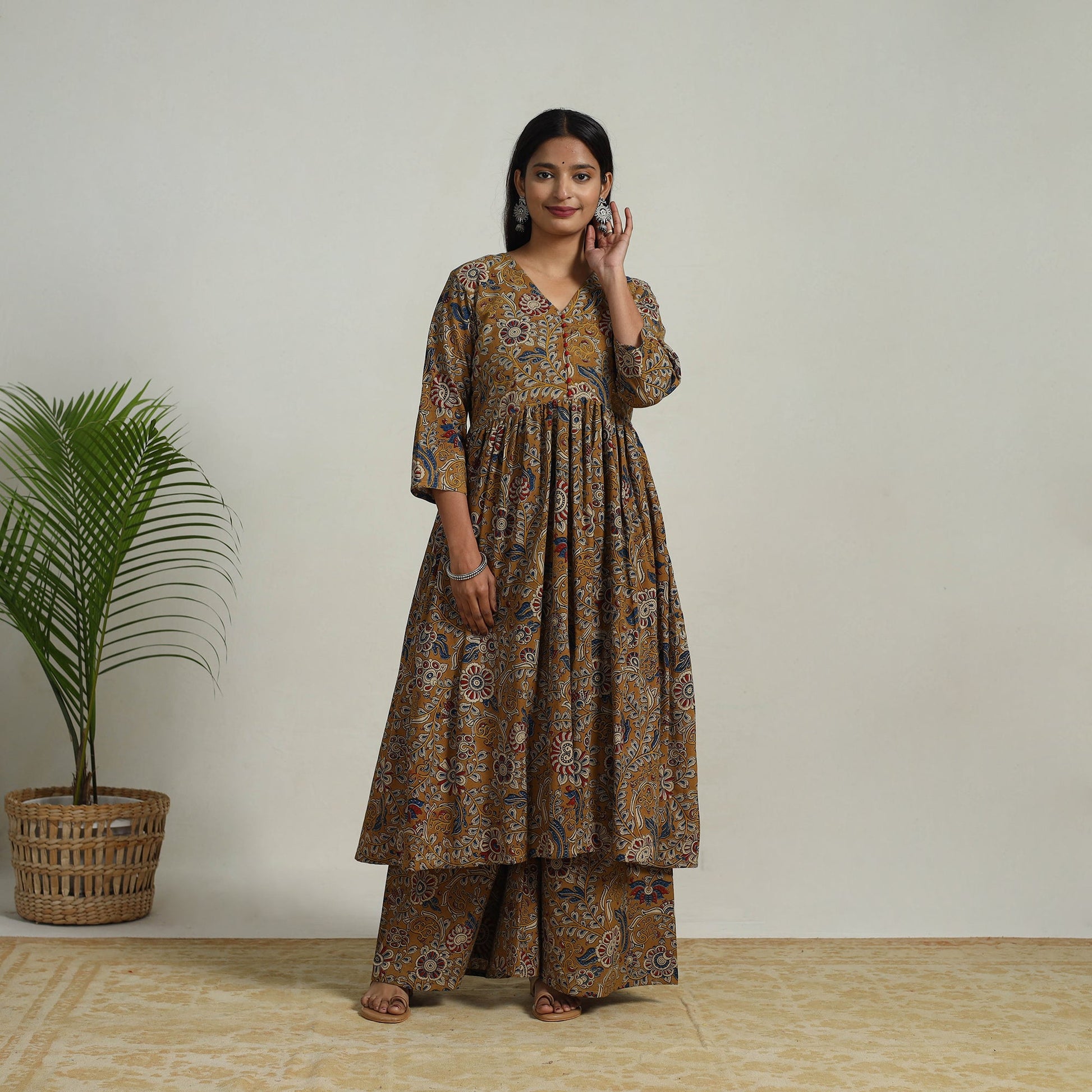 Brown - Flared Cotton Block Print Kalamkari Kurta Set 23