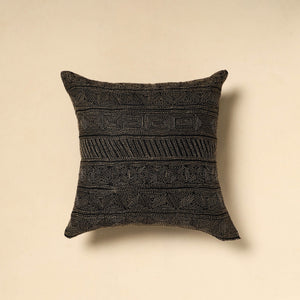 Black - Tussar Silk Bengal Kantha Work Cushion Cover 20