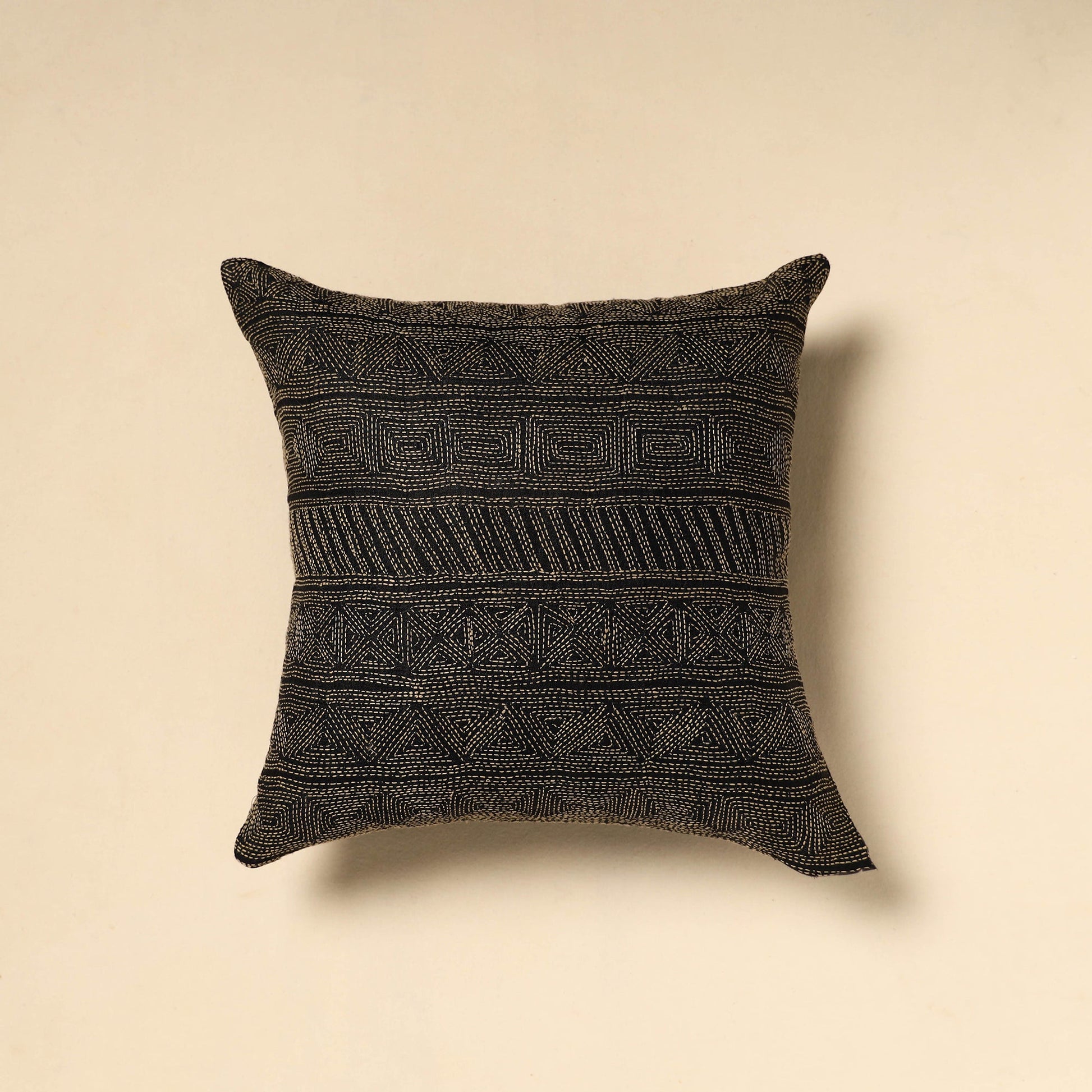 Black - Tussar Silk Bengal Kantha Work Cushion Cover 20