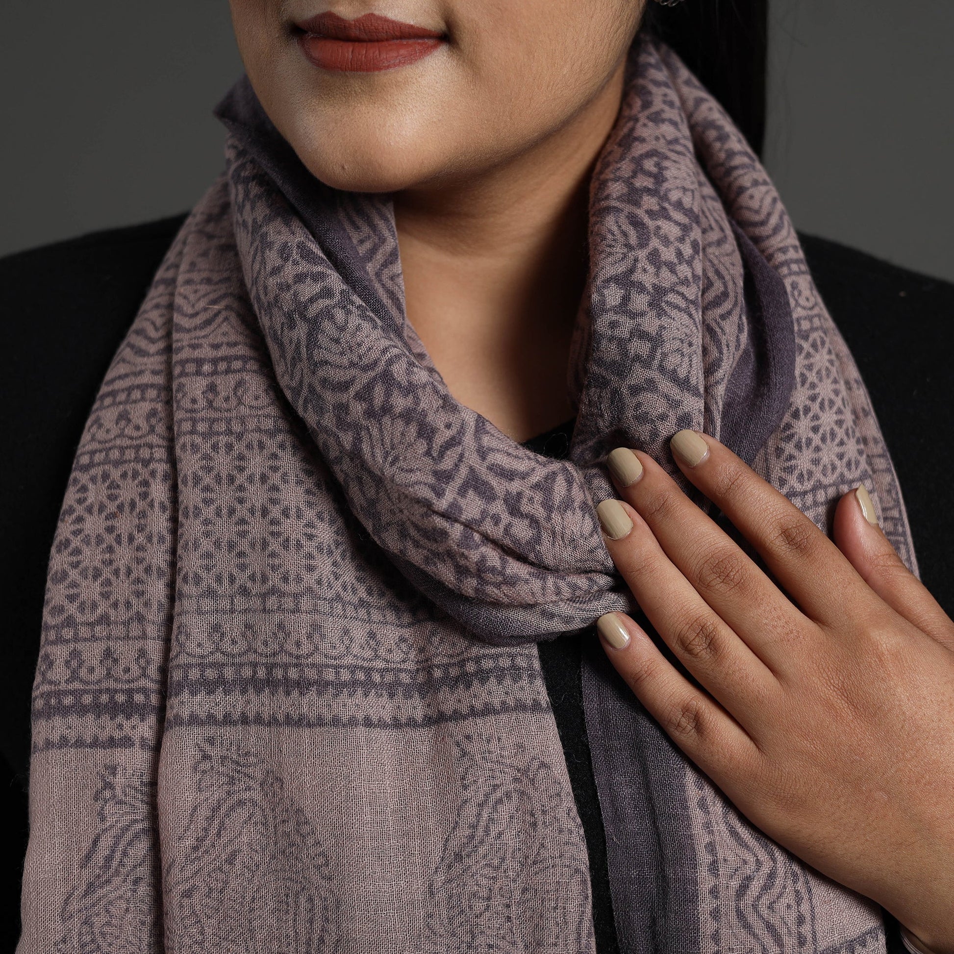 Brown - Bagh Hand Block Printed Merino Woollen Stole 41
