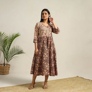 Black - Pedana Block Print Cotton Flared Kalamkari Dress 01