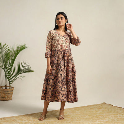 Black - Pedana Block Print Cotton Flared Kalamkari Dress 01