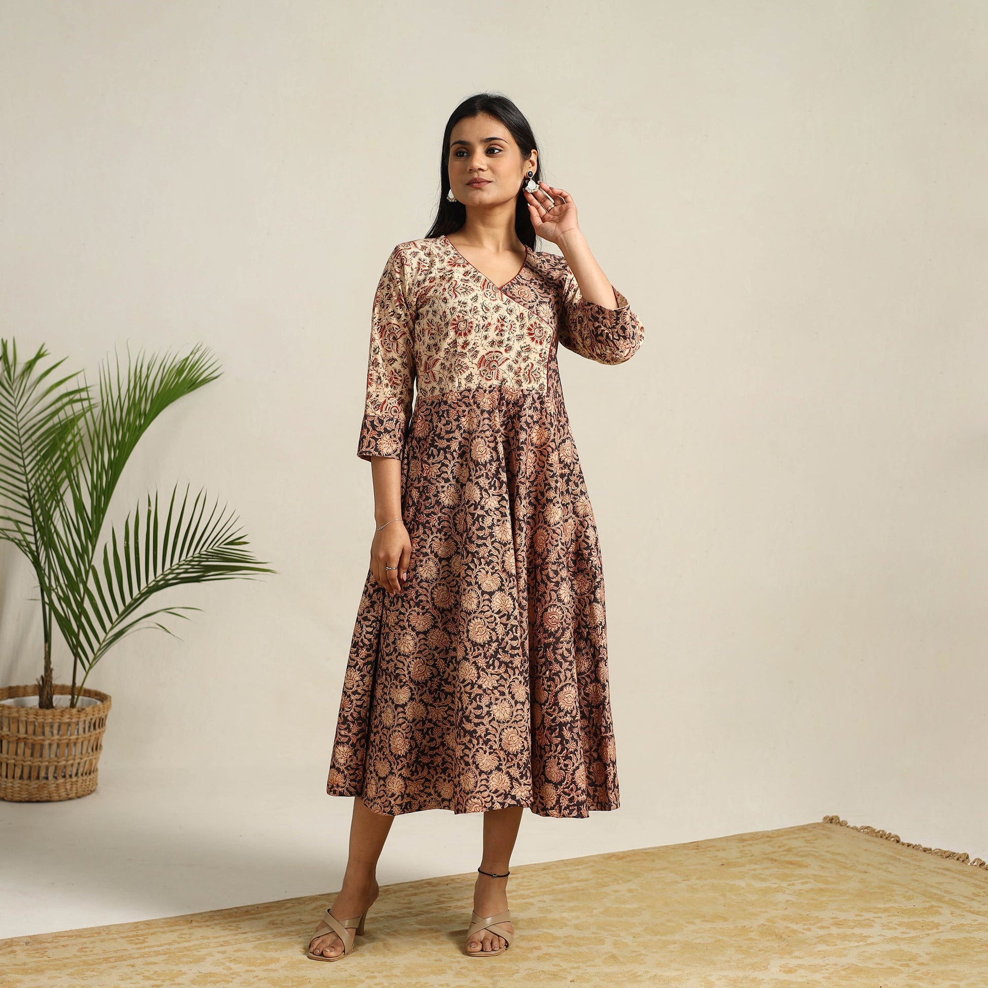 Black - Pedana Block Print Cotton Flared Kalamkari Dress 01