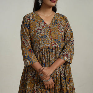 Brown - Flared Cotton Block Print Kalamkari Kurta Set 23