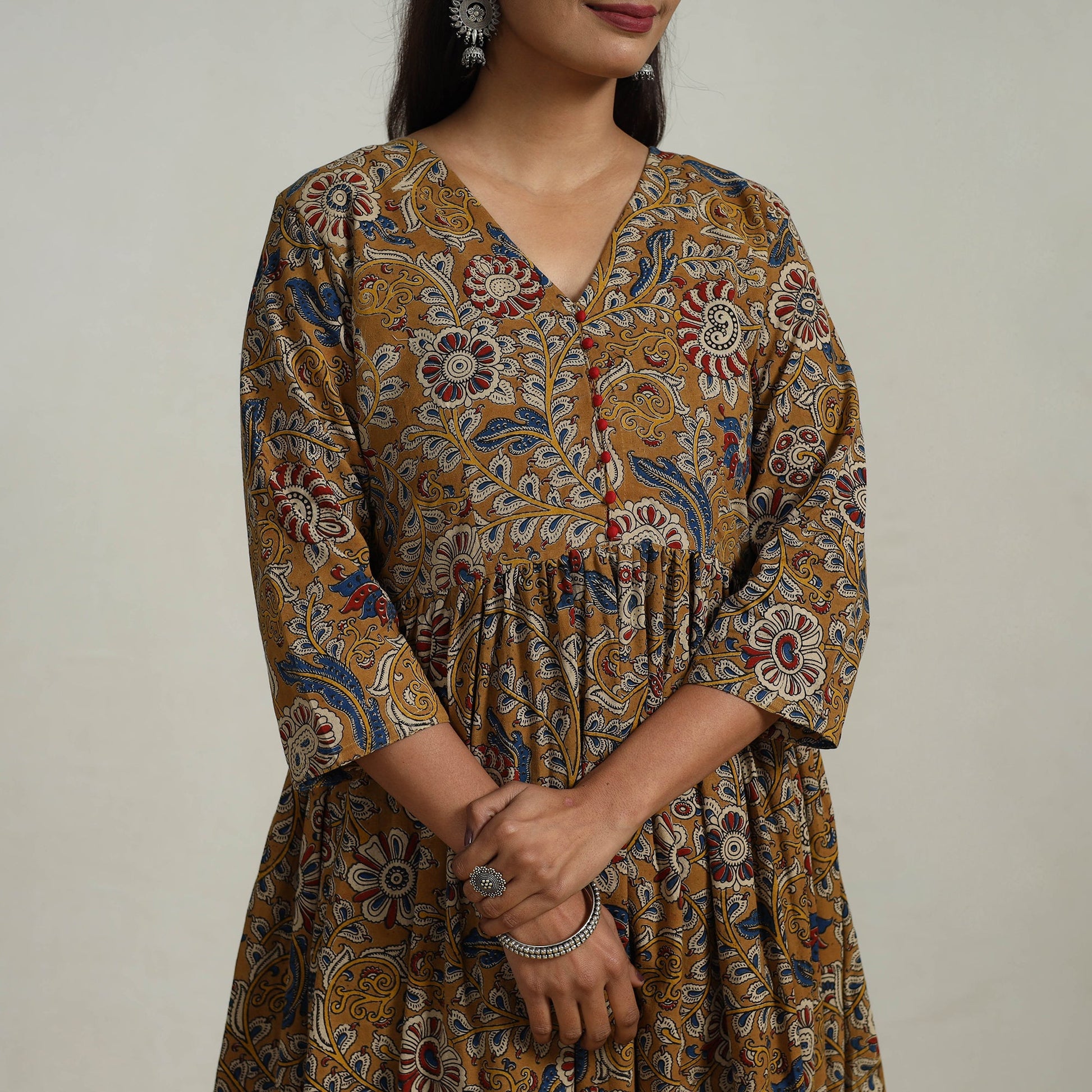 Brown - Flared Cotton Block Print Kalamkari Kurta Set 23