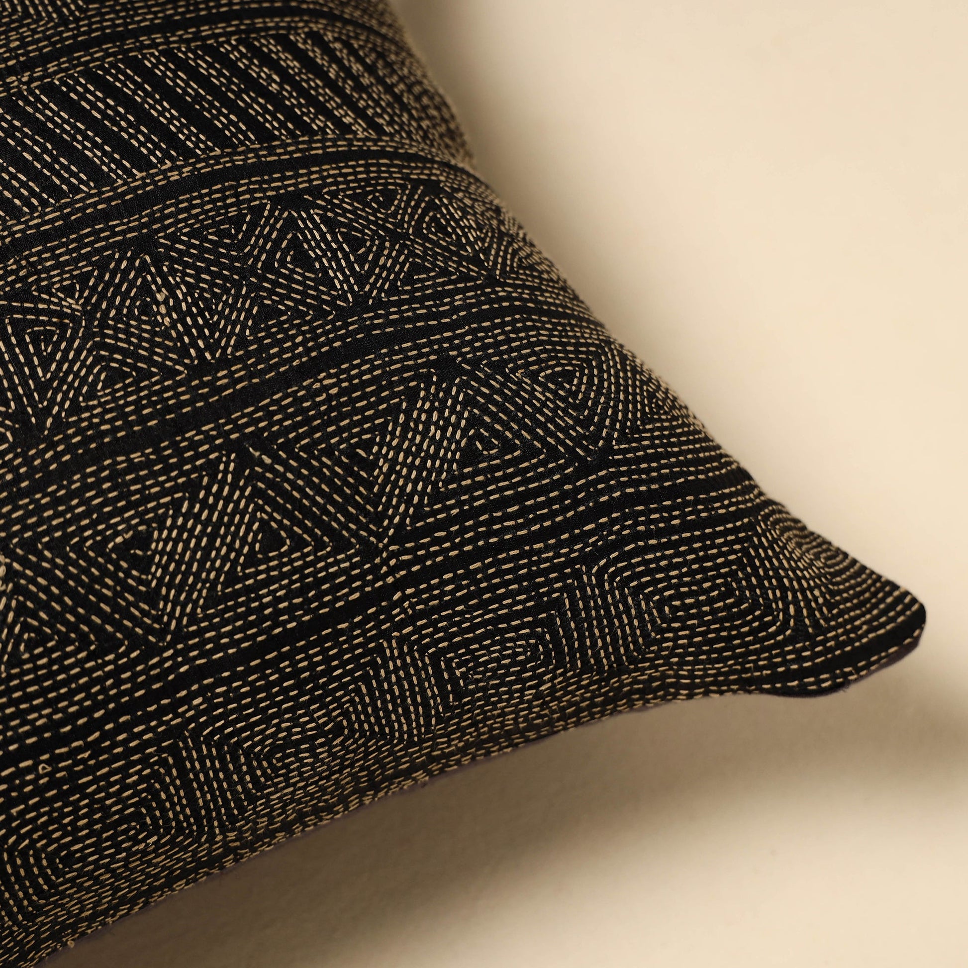 Black - Tussar Silk Bengal Kantha Work Cushion Cover 20
