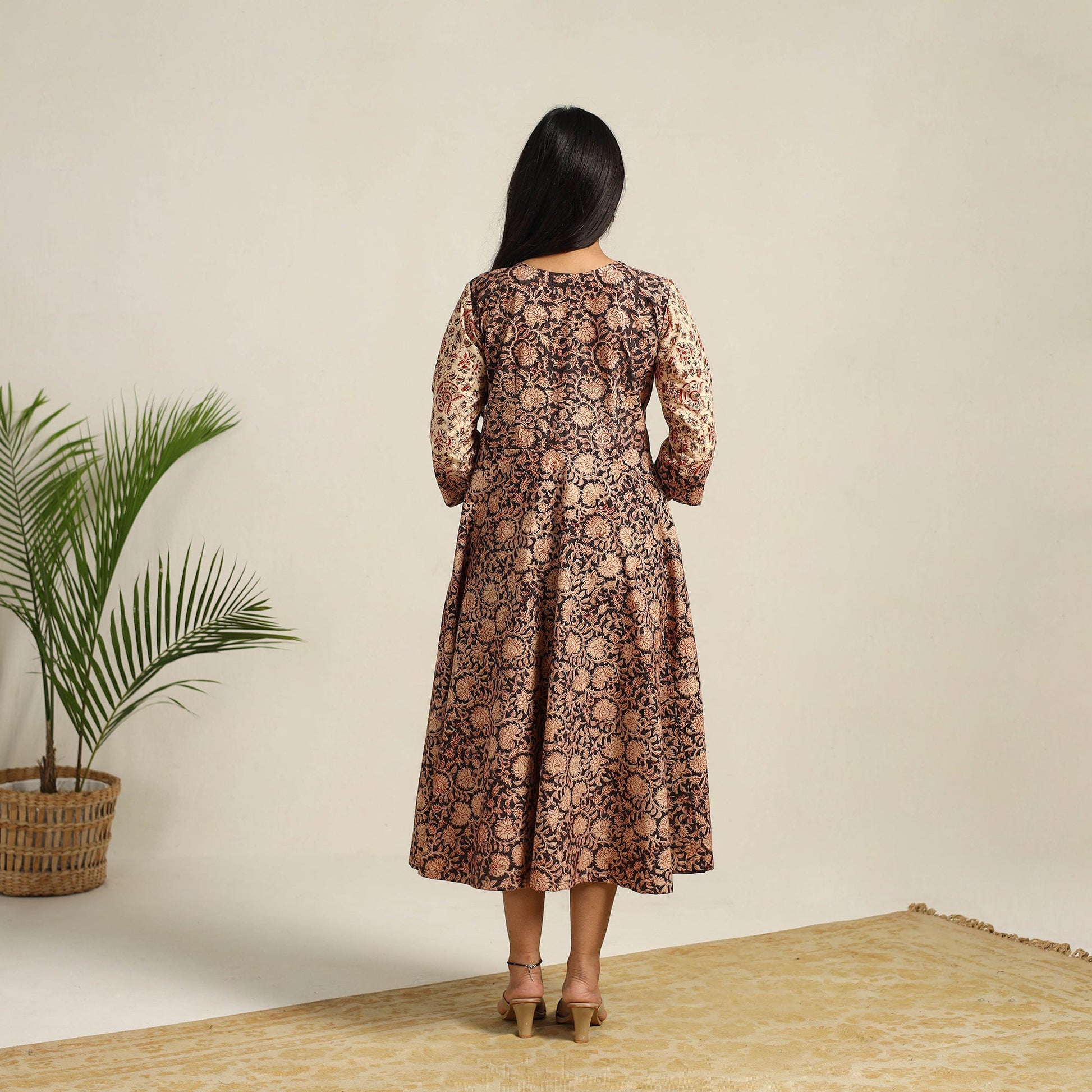 Black - Pedana Block Print Cotton Flared Kalamkari Dress 01