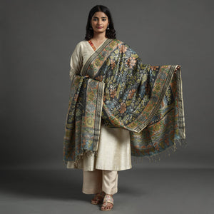 Black - Pure Tussar Silk Pen Work Srikalahasti Kalamkari Dupatta with Dobby Border