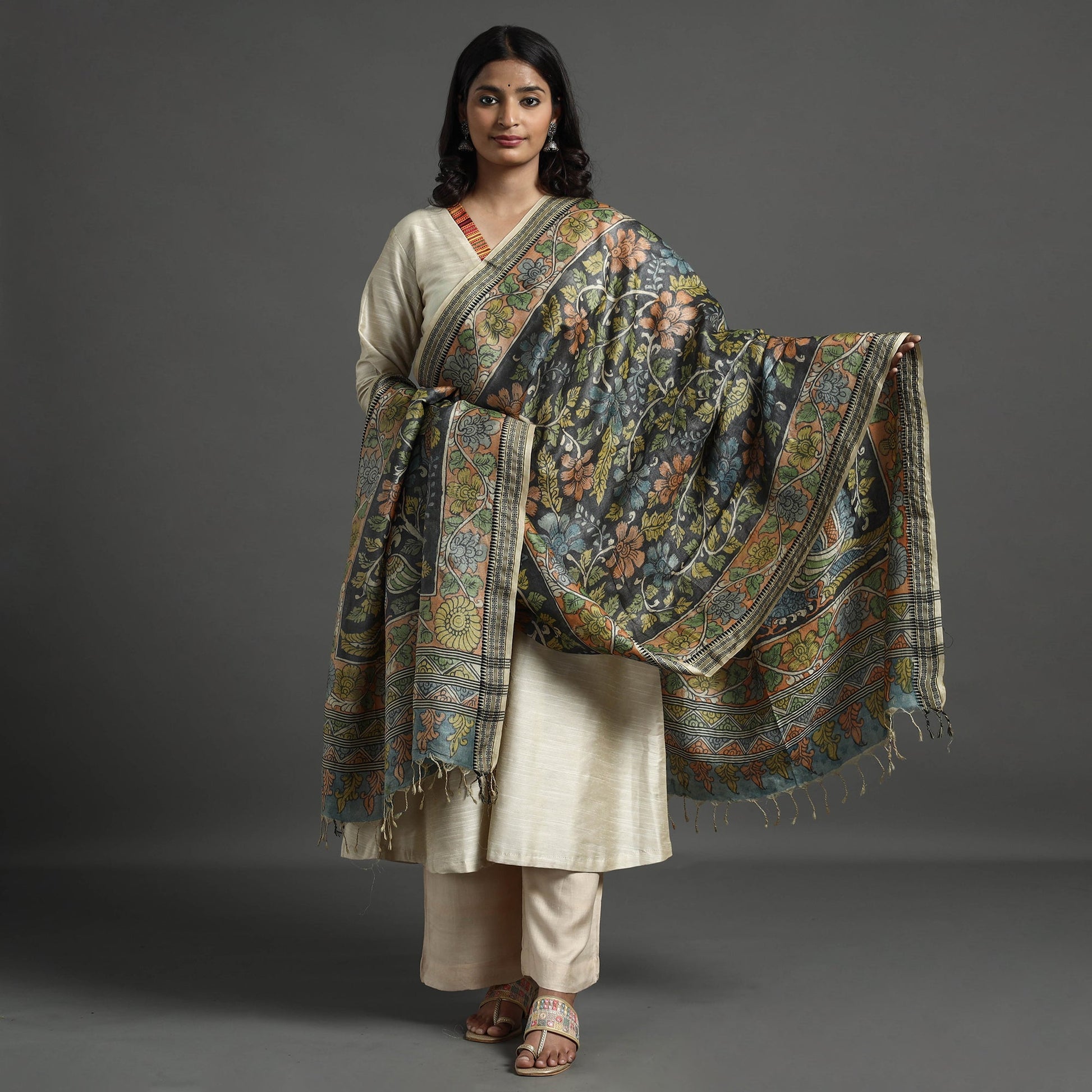 Black - Pure Tussar Silk Pen Work Srikalahasti Kalamkari Dupatta with Dobby Border