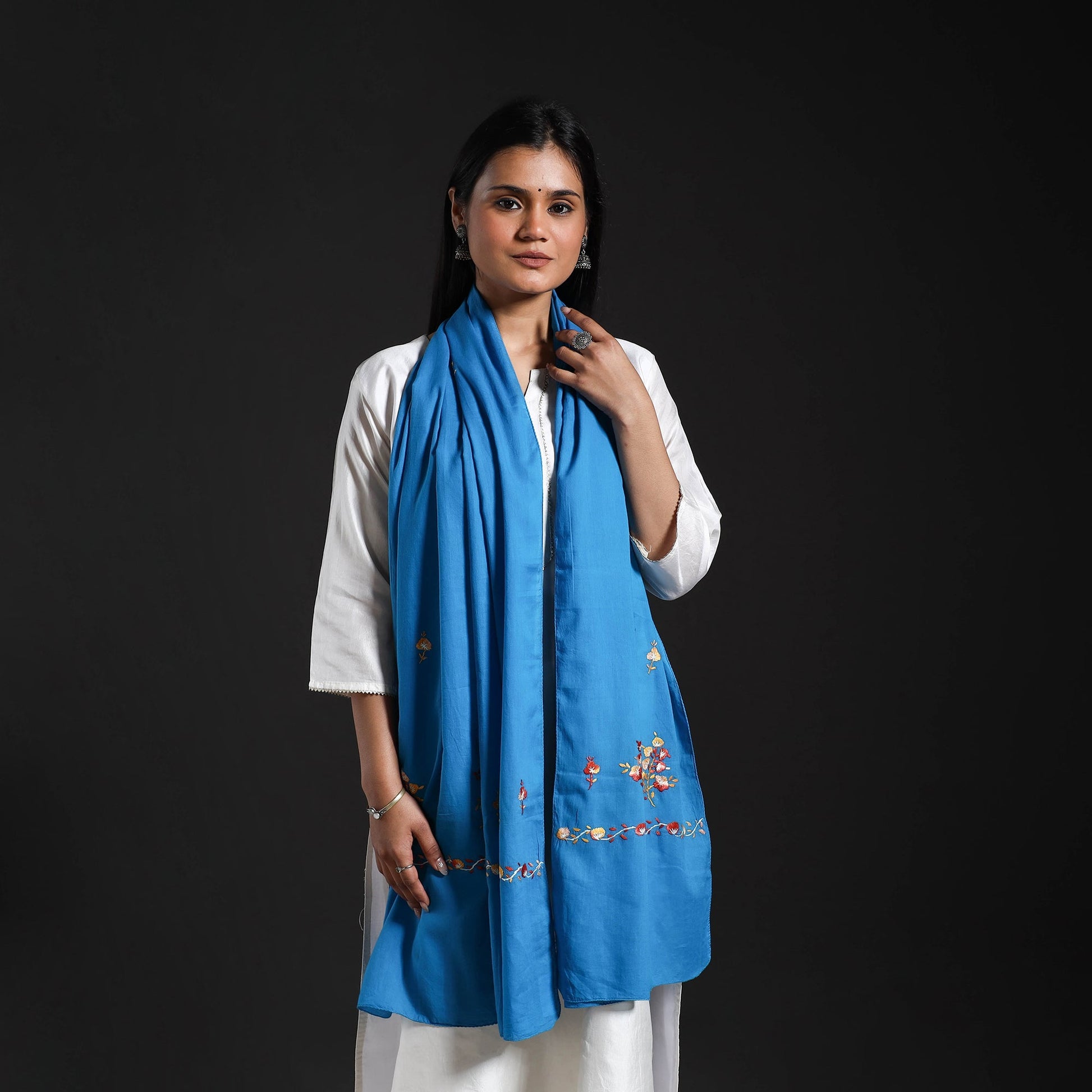 Blue - Cotton Kashida Embroidery Stole 19