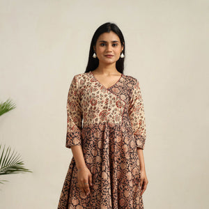 Black - Pedana Block Print Cotton Flared Kalamkari Dress 01